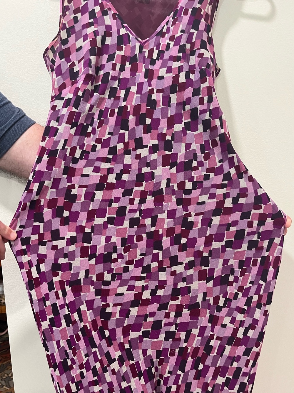 Karen Kane 100% Silk Bias Cut Stretch Maxi Dress Abstract Purple Size Small - Picture 8 of 16
